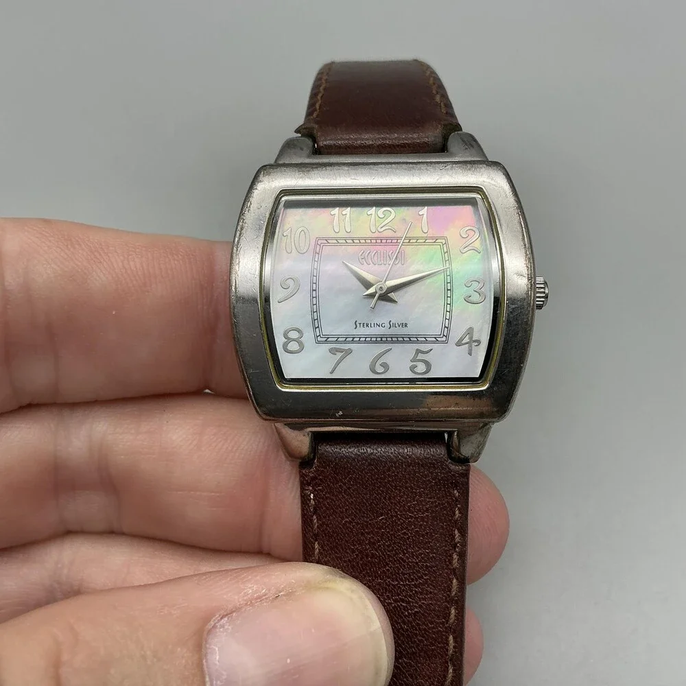 Ecclissi Womens Watch 31mm MOP Sterling Silver 22590 Brown Leather New Battery
